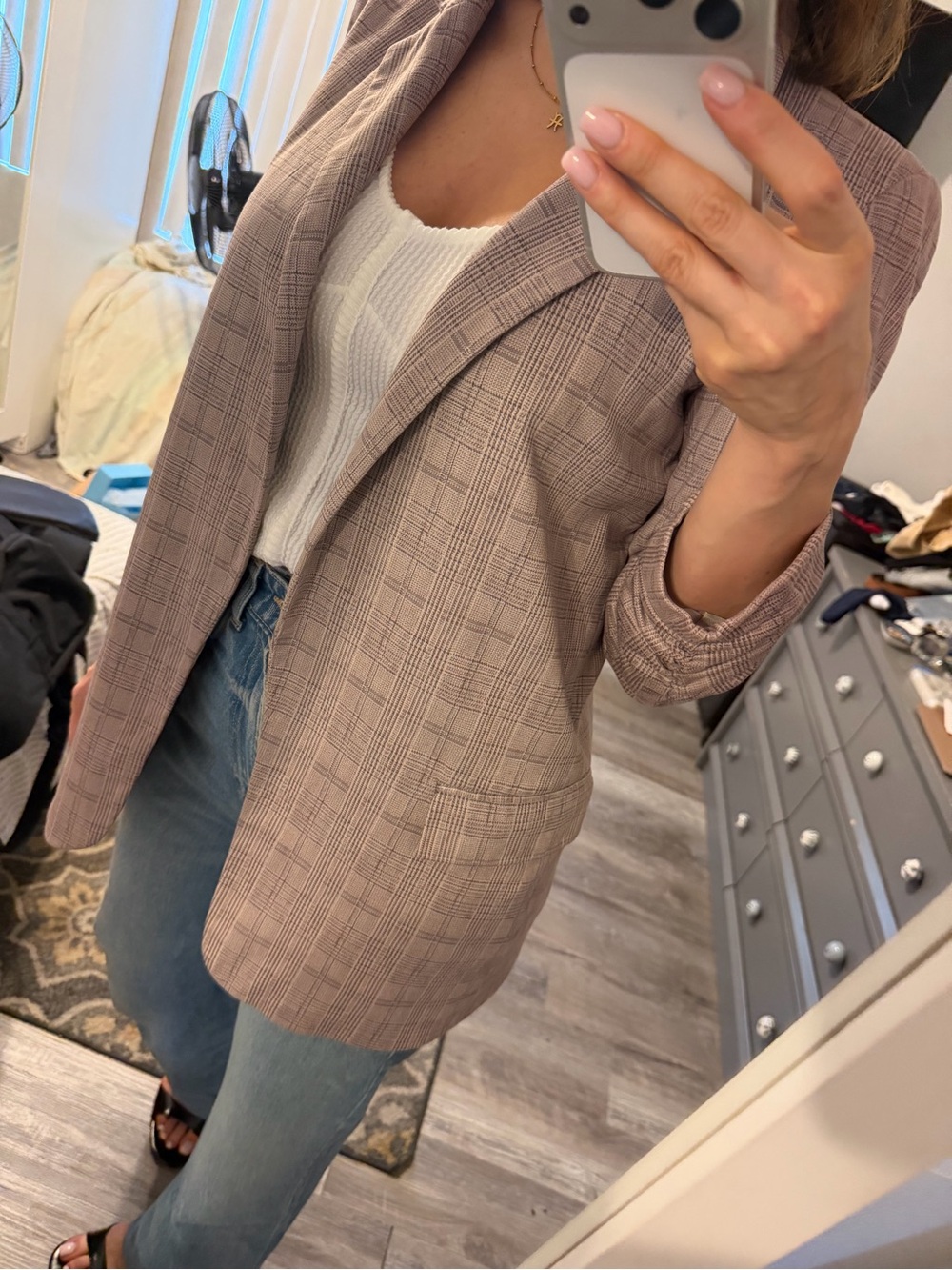 Plaid Open-Front Blazer Jacket in Mauve - Women